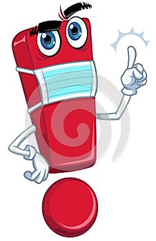 Cartoon red exclamation mark in medical maskÂ 